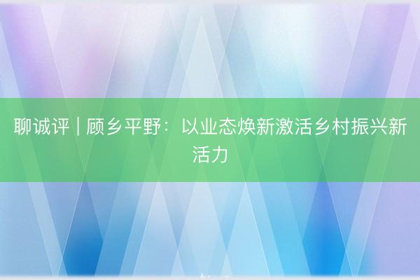聊诚评 | 顾乡平野：以业态焕新激活乡村振兴新活力